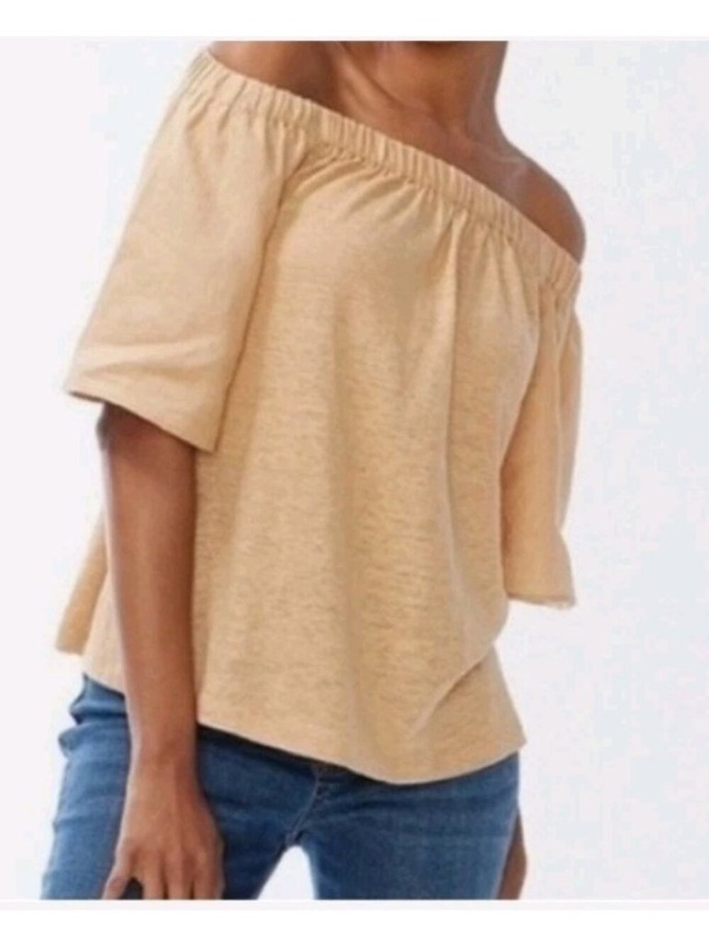 Chicos 1 Off Shoulder Linen Flutter Sleeve Top Medium Boho Romantic Tan